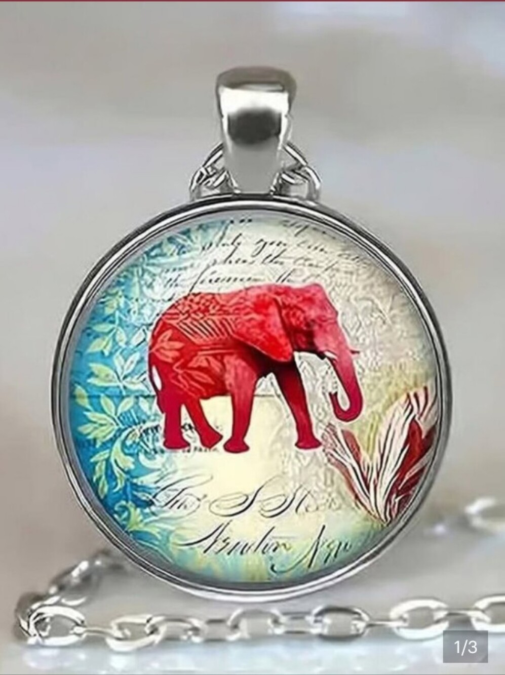 Silver Elephant Glass Cabochon Necklace - Red Elephant Design